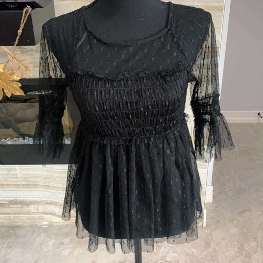 Women’s Unique Black‎ Soft Tull over Stretch Cotton Blouse Size XS (197)